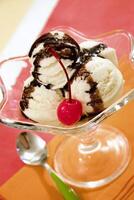 Sundae, classic American ice cream with chocolate sauce and cherry photo