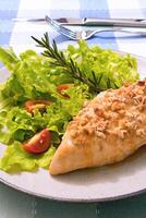 grilled chicken stuffed with sauce and salad photo