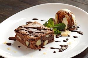 brownie with ice cream and chocolate sauce photo