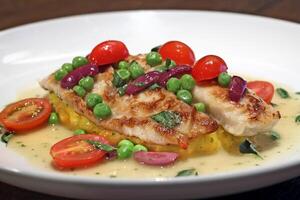 grilled fish with tomatoes and cheese sauce photo