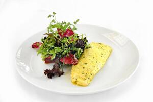 Omelet with salad leaves on plate photo