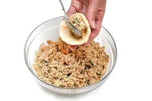 preparation of dough and filling of chicken meat in the drumstick photo