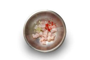 step-by-step guide to Ceviche, a classic Peruvian dish with raw fish, tiger milk sauce, lemon, pepper and red onions photo