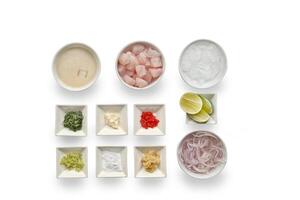 step-by-step guide to Ceviche, a classic Peruvian dish with raw fish, tiger milk sauce, lemon, pepper and red onions photo