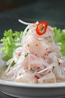 step-by-step guide to Ceviche, a classic Peruvian dish with raw fish, tiger milk sauce, lemon, pepper and red onions photo