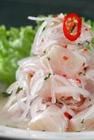 step-by-step guide to Ceviche, a classic Peruvian dish with raw fish, tiger milk sauce, lemon, pepper and red onions photo