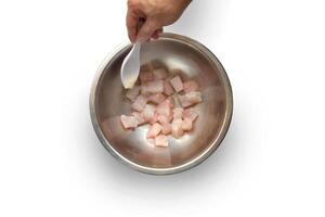 step-by-step guide to Ceviche, a classic Peruvian dish with raw fish, tiger milk sauce, lemon, pepper and red onions photo