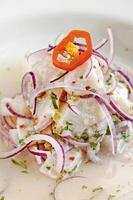 step-by-step guide to Ceviche, a classic Peruvian dish with raw fish, tiger milk sauce, lemon, pepper and red onions photo