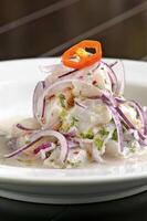 step-by-step guide to Ceviche, a classic Peruvian dish with raw fish, tiger milk sauce, lemon, pepper and red onions photo