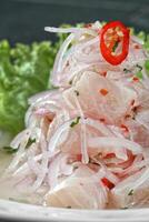 step-by-step guide to Ceviche, a classic Peruvian dish with raw fish, tiger milk sauce, lemon, pepper and red onions photo