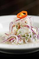 step-by-step guide to Ceviche, a classic Peruvian dish with raw fish, tiger milk sauce, lemon, pepper and red onions photo