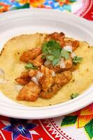 Taco al Pastor, classic Mexican cuisine with onion, paprika, chipotle and pork loin photo