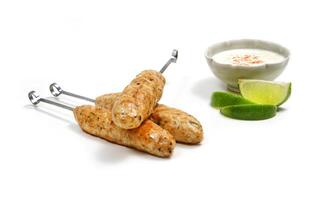Chicken kebab with dry curd and lemon photo