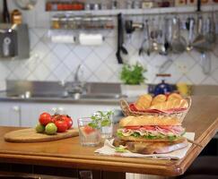 large sandwich of ham, cheese and tomatoes on the kitchen table photo