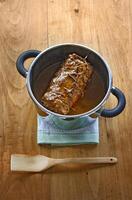 pot meat in pressure cooker seen from above photo