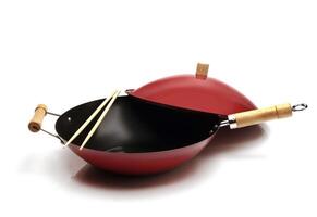 beautiful red wok on white background photo