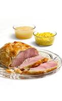 step-by-step guide to Beef Wellington, a classic English dish of meat covered in puff pastry photo