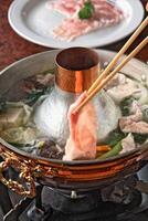 shabu shabu, typical Japanese dish with beef tenderloin, carrots, pumpkins, tofu, mushrooms, chicken broth and ponzu sauce photo