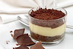 Dutch pie in glass bowl and chocolate chips on plate photo