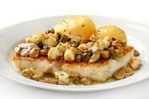 sea bass fish with shrimp and caper sauce photo