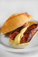 choripán, calabrés salchicha emparedado con mostaza en francés un pan foto
