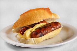 Choripan, Calabrian sausage sandwich with mustard on French bread photo