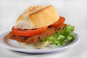 Milanese steak sandwich with tomato, lettuce and mayonnaise on French bread photo