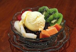 Anmitsu, Japanese dessert with adzuki beans, sugar, salt, agar agar, ice cream and fruit photo
