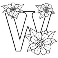 Alphabet W coloring page with the flower, W letter digital outline floral coloring page, ABC coloring page vector