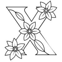 Alphabet X coloring page with the flower, X letter digital outline floral coloring page, ABC coloring page vector