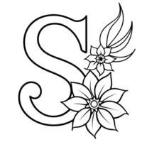 Alphabet S coloring page with the flower, S letter digital outline floral coloring page, ABC coloring page vector