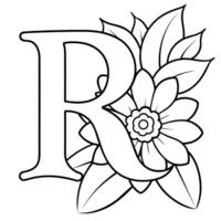 Alphabet R coloring page with the flower, R letter digital outline floral coloring page, ABC coloring page vector