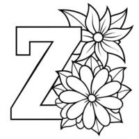 Alphabet Z coloring page with the flower, Z letter digital outline floral coloring page, ABC coloring page vector