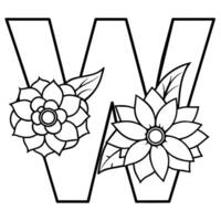 Alphabet W coloring page with the flower, W letter digital outline floral coloring page, ABC coloring page vector