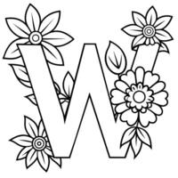 Alphabet W coloring page with the flower, W letter digital outline floral coloring page, ABC coloring page vector