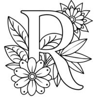 Alphabet R coloring page with the flower, R letter digital outline floral coloring page, ABC coloring page vector