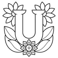 Alphabet U coloring page with the flower, U letter digital outline floral coloring page, ABC coloring page vector