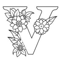 Alphabet V coloring page with the flower, V letter digital outline floral coloring page, ABC coloring page vector