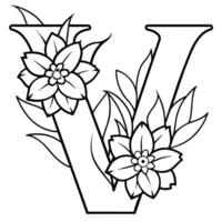 alfabeto v colorante página con el flor, v letra digital contorno floral colorante página, a B C colorante página vector