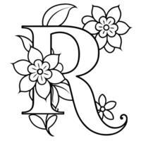 Alphabet R coloring page with the flower, R letter digital outline floral coloring page, ABC coloring page vector