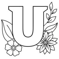 Alphabet U coloring page with the flower, U letter digital outline floral coloring page, ABC coloring page vector