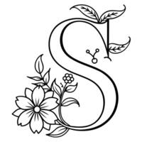 Alphabet S coloring page with the flower, S letter digital outline floral coloring page, ABC coloring page vector