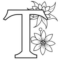 Alphabet T coloring page with the flower, T letter digital outline floral coloring page, ABC coloring page vector