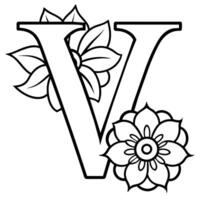 Alphabet V coloring page with the flower, V letter digital outline floral coloring page, ABC coloring page vector