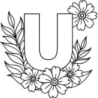 Alphabet U coloring page with the flower, U letter digital outline floral coloring page, ABC coloring page vector