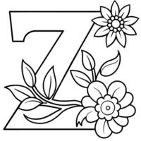 Alphabet Z coloring page with the flower, Z letter digital outline floral coloring page, ABC coloring page vector