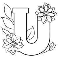 Alphabet U coloring page with the flower, U letter digital outline floral coloring page, ABC coloring page vector