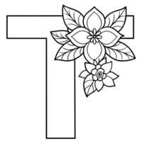 Alphabet T coloring page with the flower, T letter digital outline floral coloring page, ABC coloring page vector