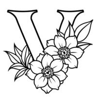 Alphabet V coloring page with the flower, V letter digital outline floral coloring page, ABC coloring page vector