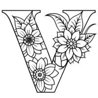 Alphabet V coloring page with the flower, V letter digital outline floral coloring page, ABC coloring page vector